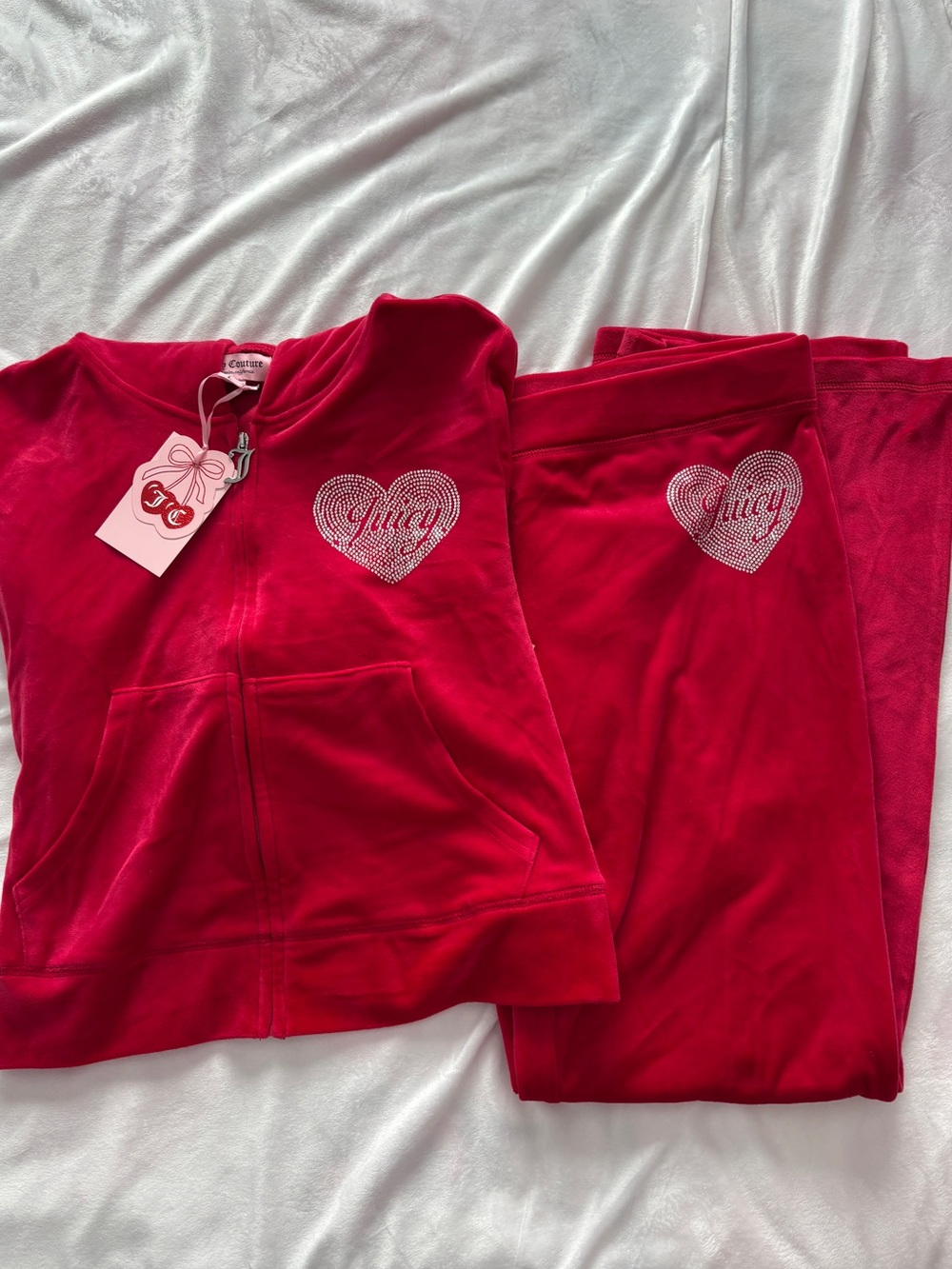 Juicy Couture Women's Red Velour Tracksuit Set with Rhinestone Heart